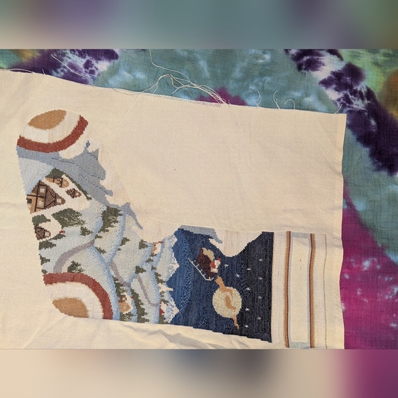 Vintage Christmas Stocking Santa  Sled Unfinished Needlepoint Hand Embroidered - Picture 4 of 9